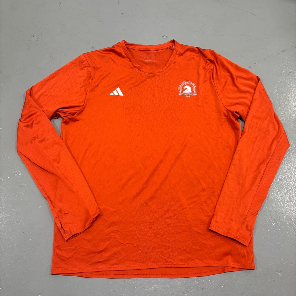 Adidas 2023 Boston Marathon Long Sleeve Running Shirt Orange Mens XL Thumbholes